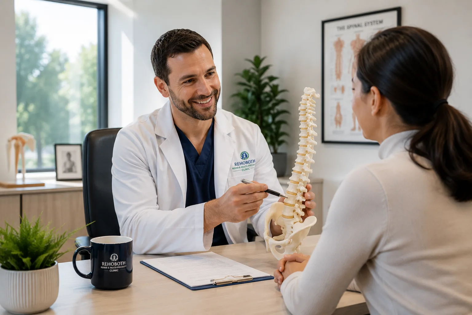 A Rehoboth clinician explaining a spine model to a patient in Garland