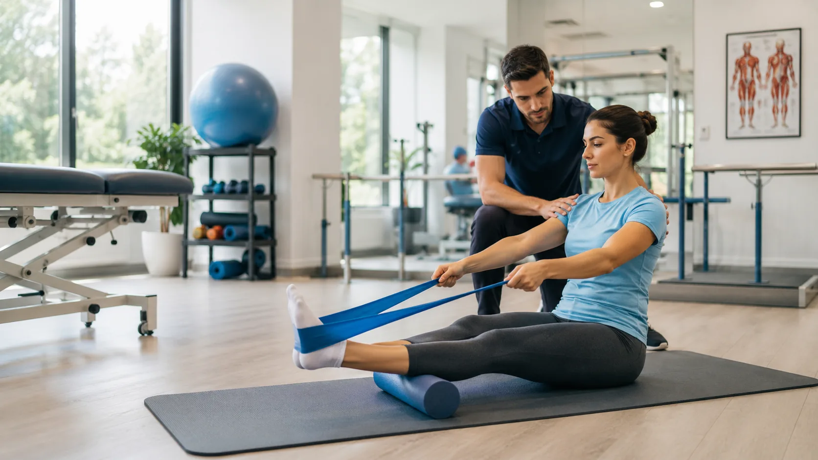 Physical therapist guiding a patient through one-on-one rehab exercises at the Rehoboth clinic in Garland, TX