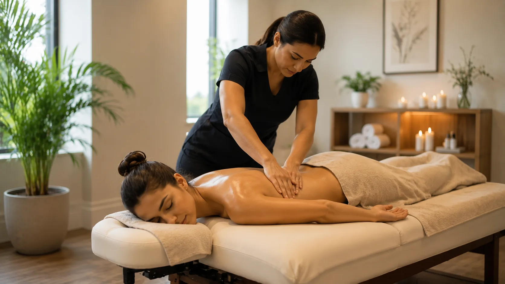 Licensed massage therapist working on a patient's shoulders at the Garland clinic