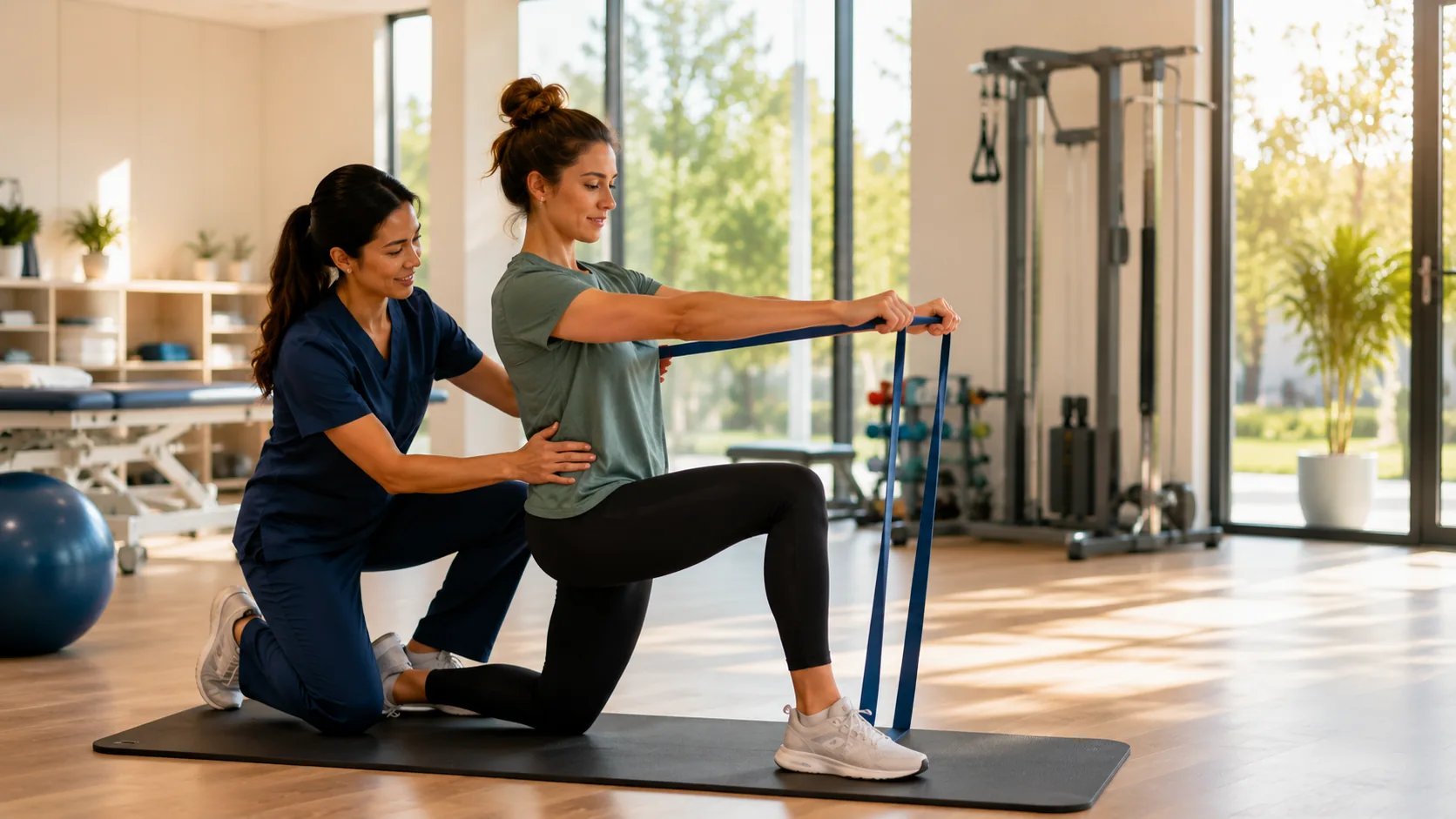 Physical therapist guiding a patient with a resistance band in a sunlit Garland, Texas studio