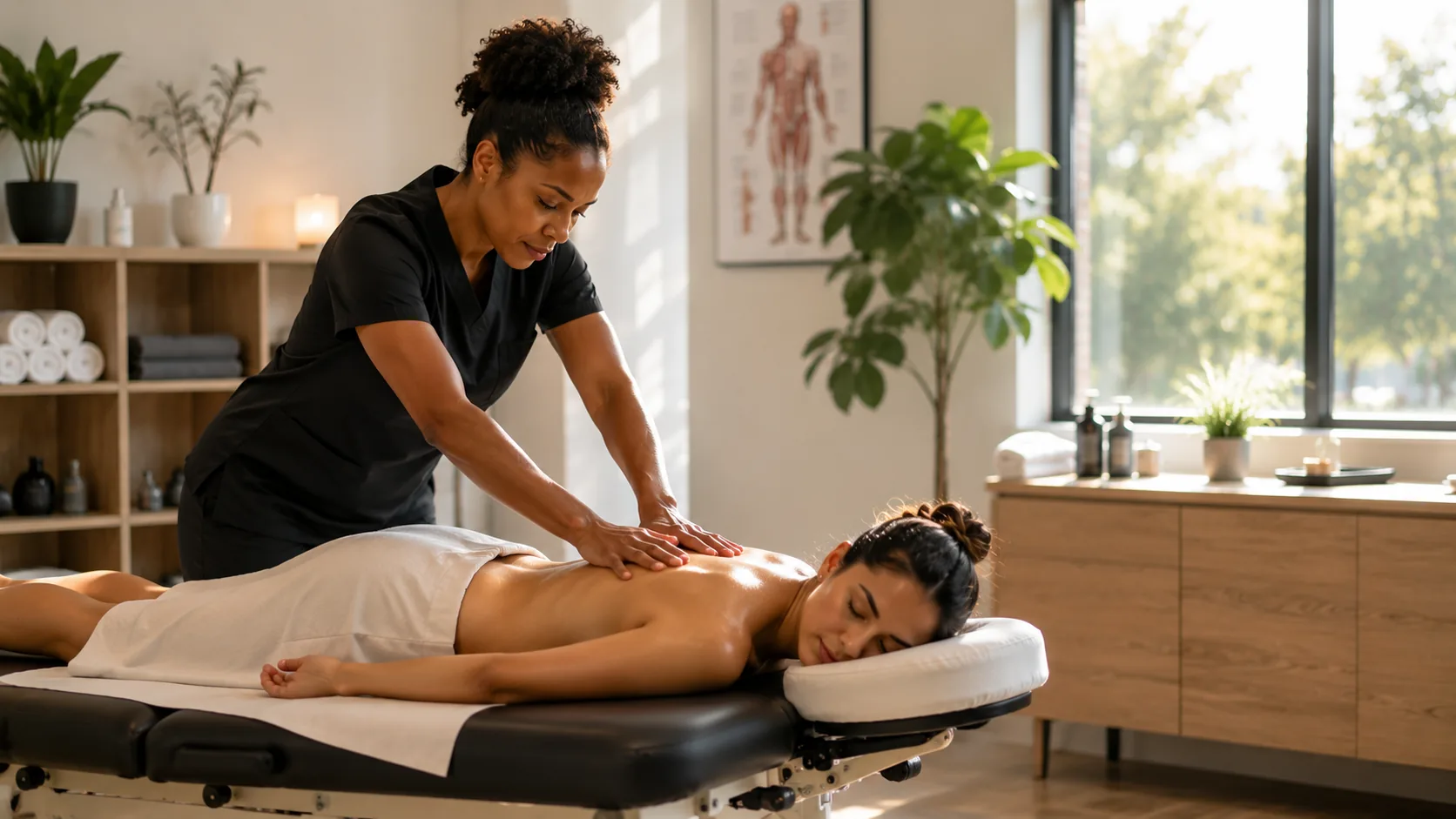 Licensed massage therapist performing deep-tissue work in a quiet treatment room in Garland, TX